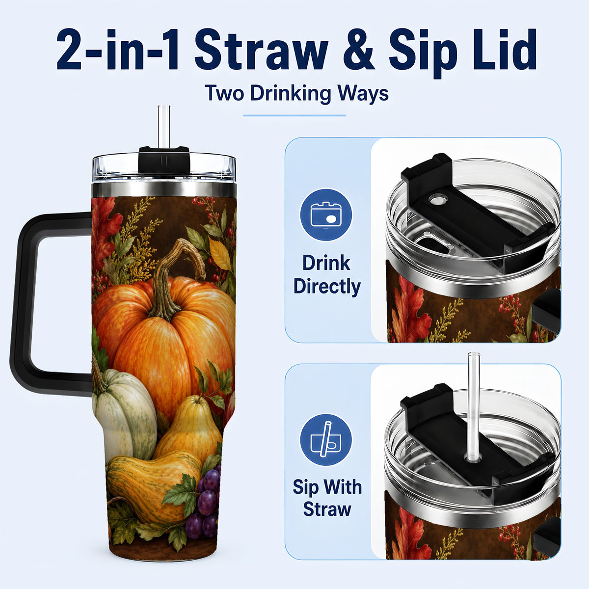 #pl[40oz|Black] Rustic Harvest 40oz Tumbler with Handle, Pumpkin Stainless Steel Travel Cup