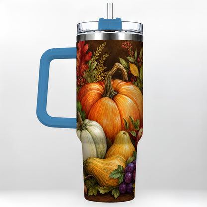 #pl[40oz|Blue] Rustic Harvest 40oz Tumbler with Handle, Pumpkin Stainless Steel Travel Cup