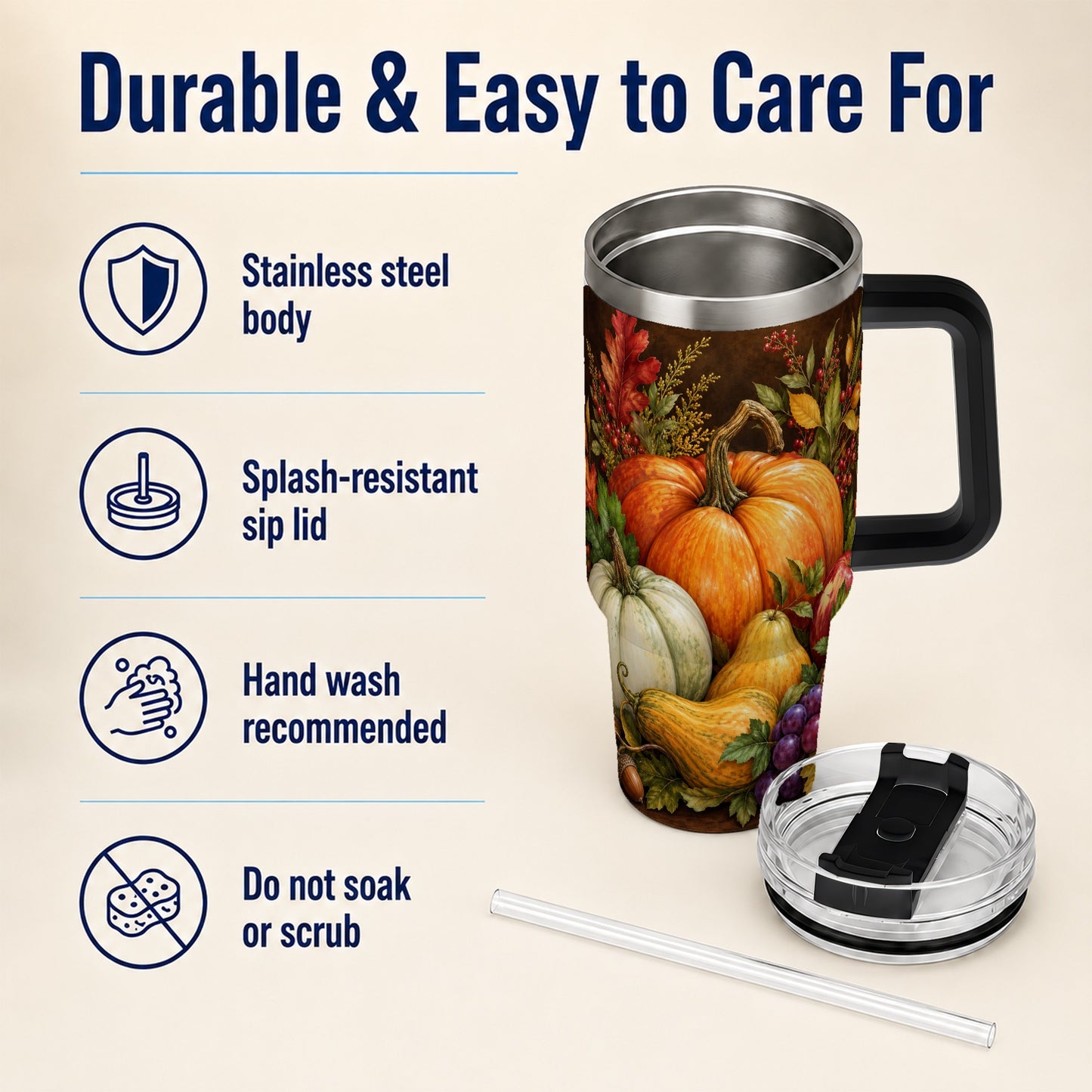 #pl[40oz|Black] Rustic Harvest 40oz Tumbler with Handle, Pumpkin Stainless Steel Travel Cup