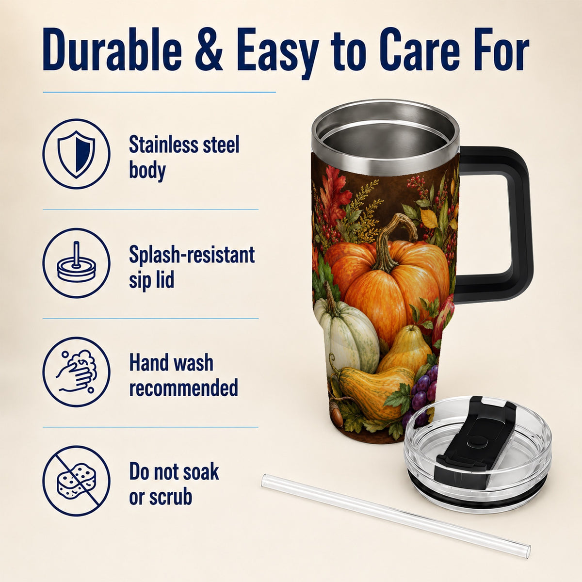 #pl[40oz|Black] Rustic Harvest 40oz Tumbler with Handle, Pumpkin Stainless Steel Travel Cup