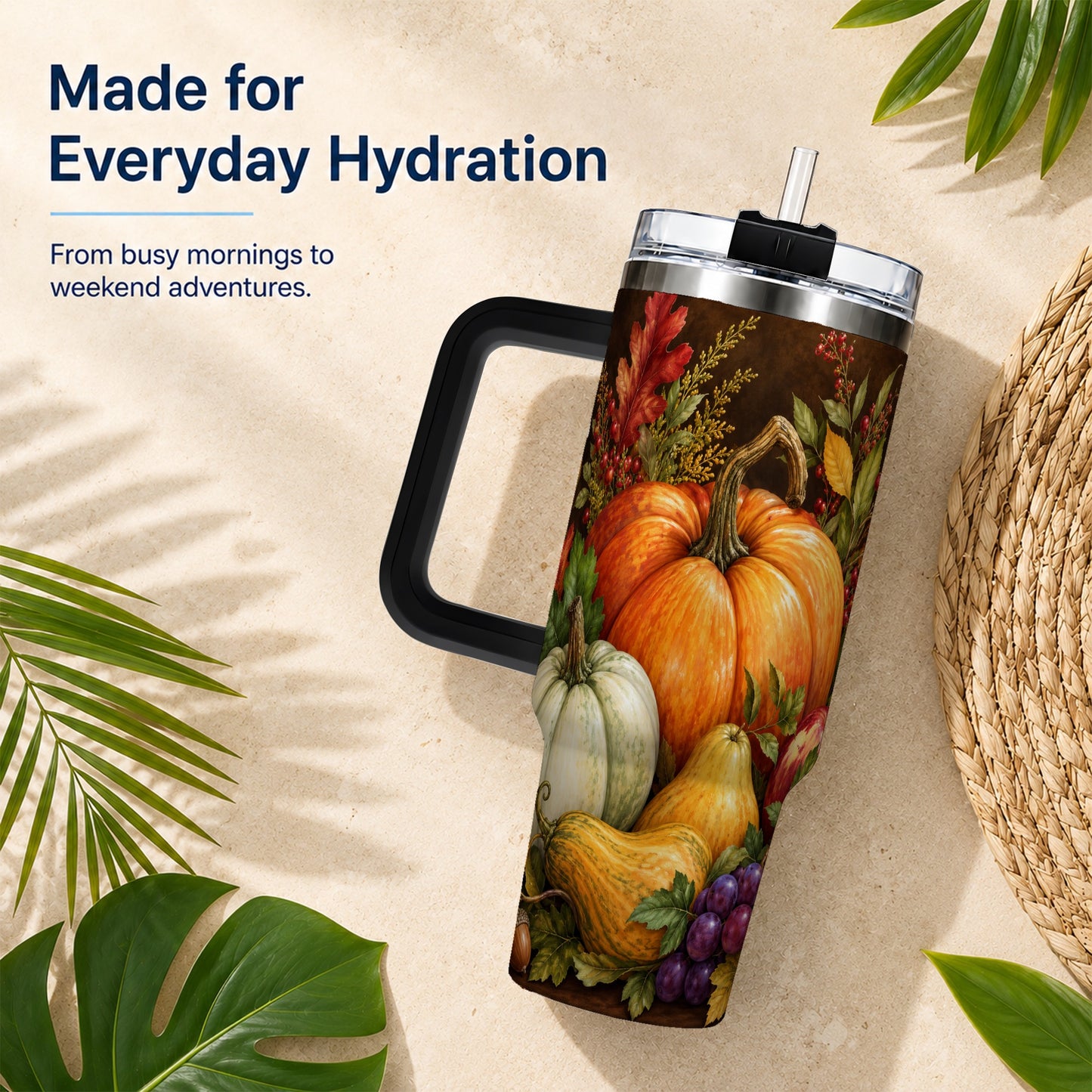 #pl[40oz|Black] Rustic Harvest 40oz Tumbler with Handle, Pumpkin Stainless Steel Travel Cup