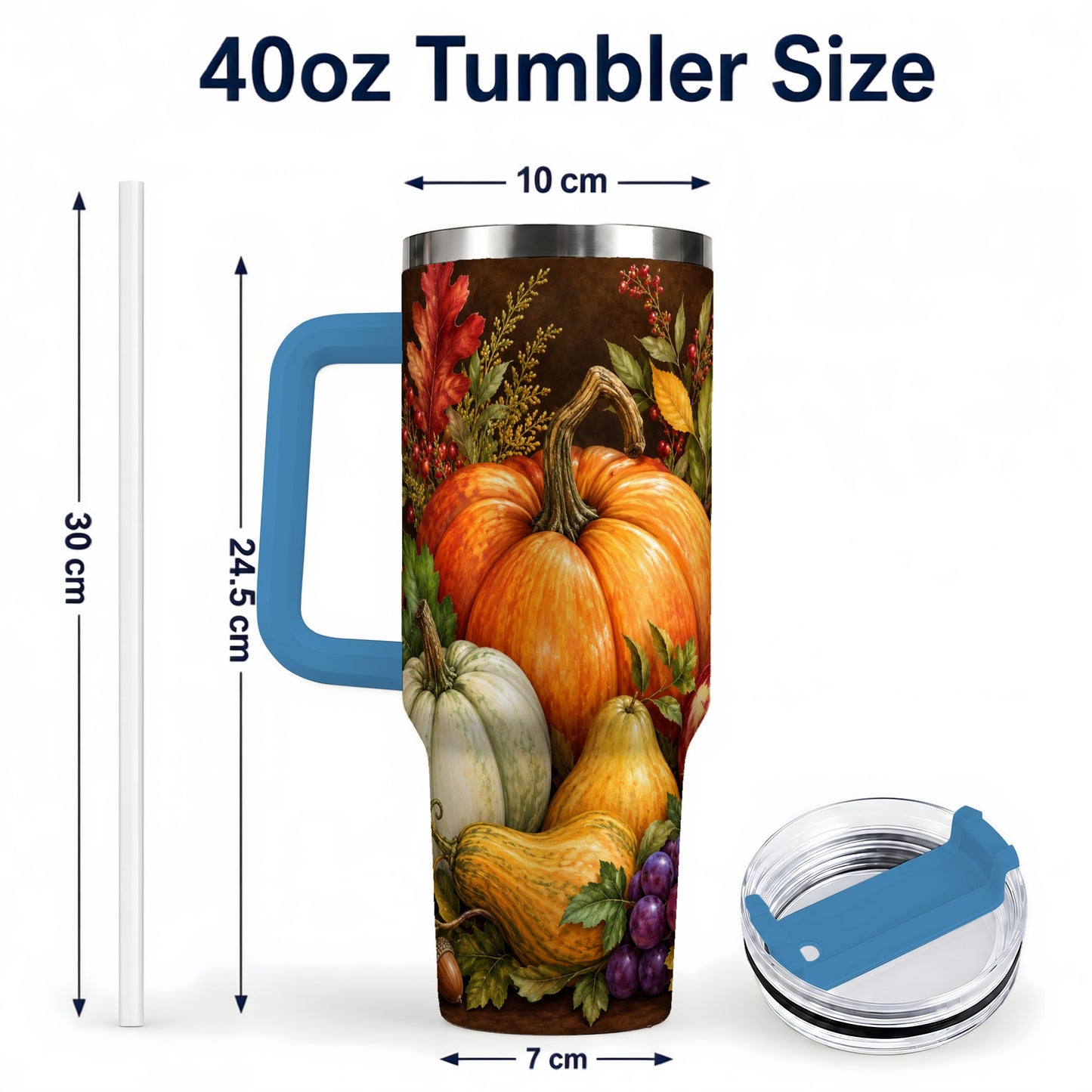 #pl[40oz|Blue] Rustic Harvest 40oz Tumbler with Handle, Pumpkin Stainless Steel Travel Cup