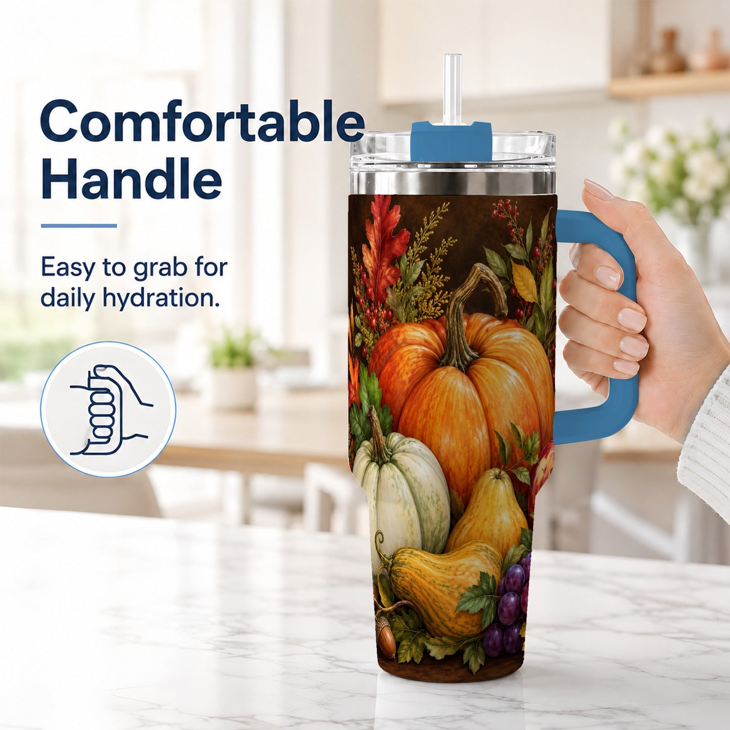 #pl[40oz|Blue] Rustic Harvest 40oz Tumbler with Handle, Pumpkin Stainless Steel Travel Cup