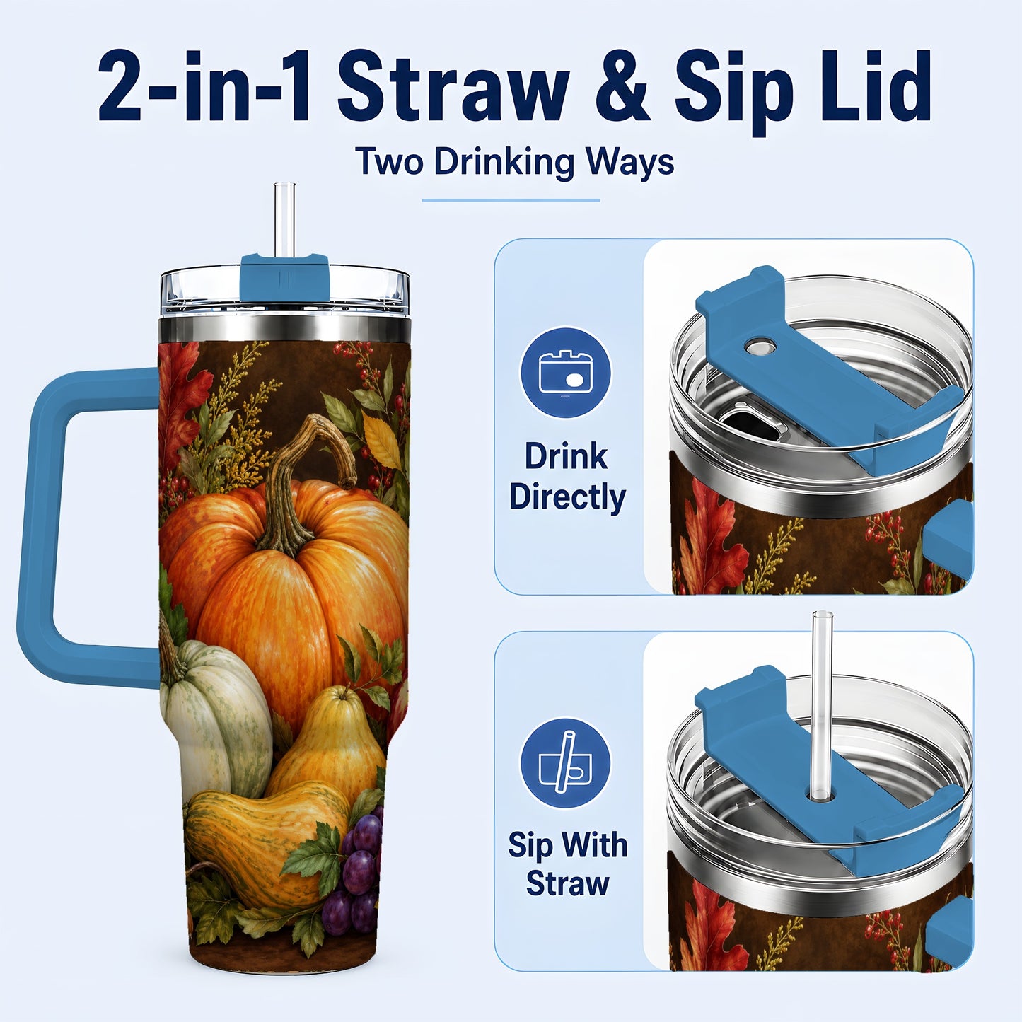 #pl[40oz|Blue] Rustic Harvest 40oz Tumbler with Handle, Pumpkin Stainless Steel Travel Cup
