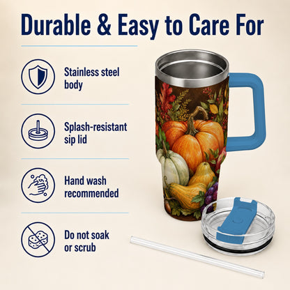 #pl[40oz|Blue] Rustic Harvest 40oz Tumbler with Handle, Pumpkin Stainless Steel Travel Cup