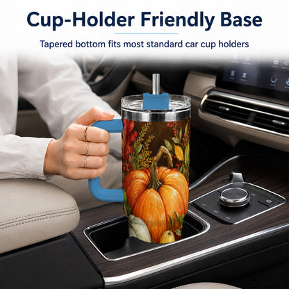 #pl[40oz|Blue] Rustic Harvest 40oz Tumbler with Handle, Pumpkin Stainless Steel Travel Cup