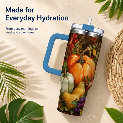 #pl[40oz|Blue] Rustic Harvest 40oz Tumbler with Handle, Pumpkin Stainless Steel Travel Cup