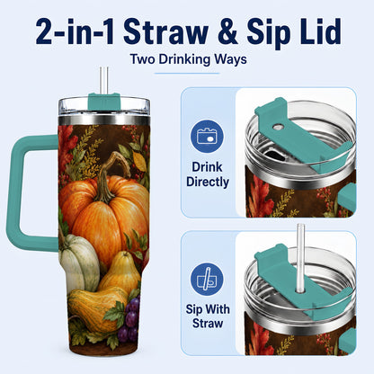 #pl[40oz|Green] Rustic Harvest 40oz Tumbler with Handle, Pumpkin Stainless Steel Travel Cup