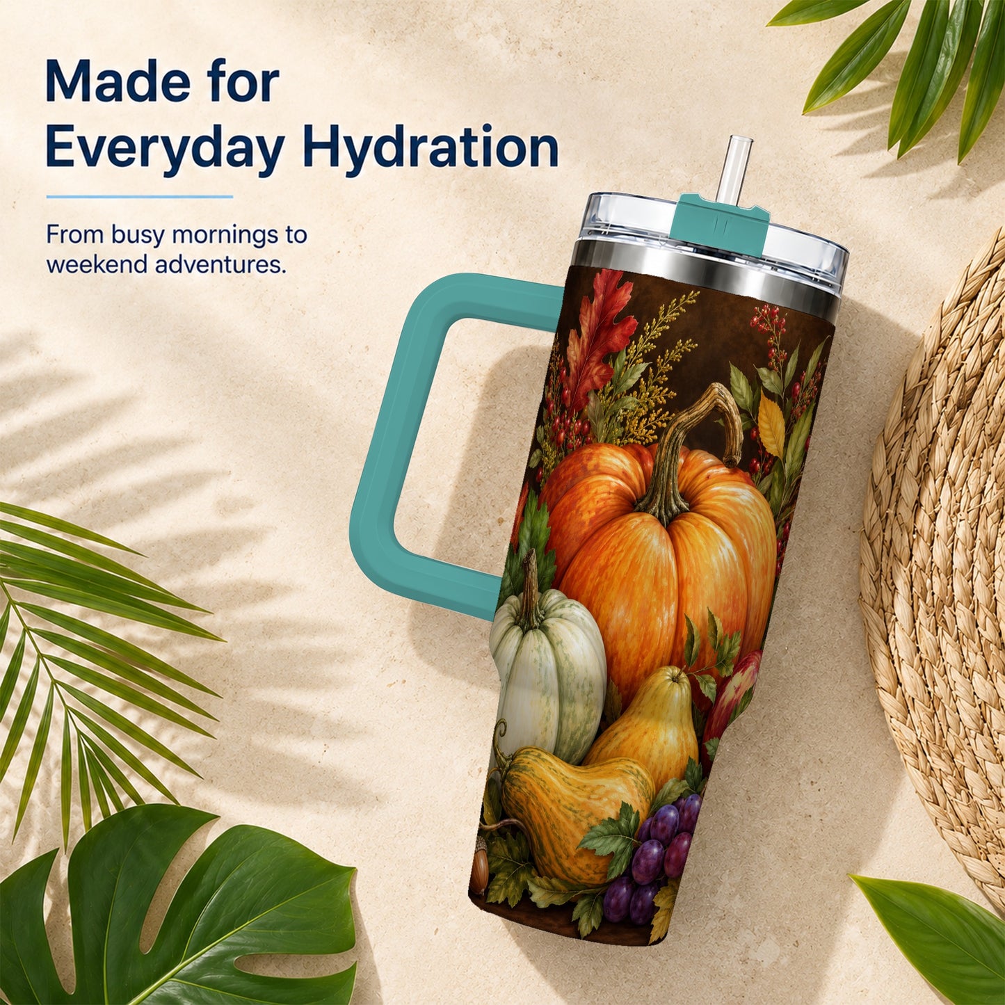 #pl[40oz|Green] Rustic Harvest 40oz Tumbler with Handle, Pumpkin Stainless Steel Travel Cup
