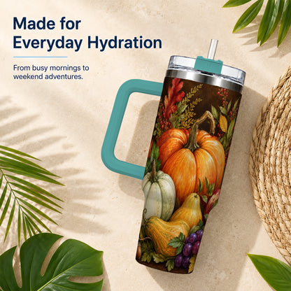 #pl[40oz|Green] Rustic Harvest 40oz Tumbler with Handle, Pumpkin Stainless Steel Travel Cup