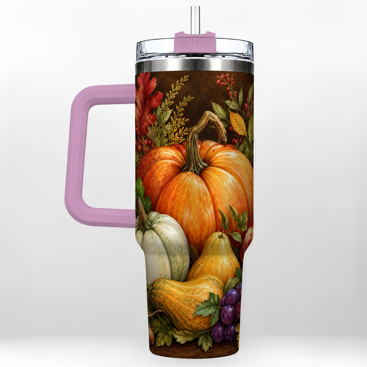 #pl[40oz|Pink] Rustic Harvest 40oz Tumbler with Handle, Pumpkin Stainless Steel Travel Cup