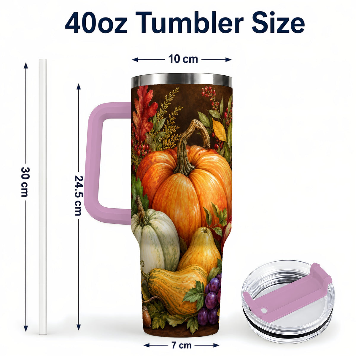 #pl[40oz|Pink] Rustic Harvest 40oz Tumbler with Handle, Pumpkin Stainless Steel Travel Cup