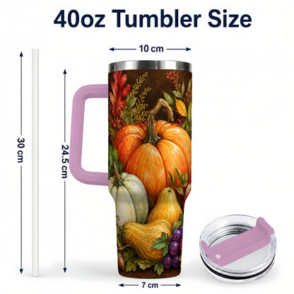 #pl[40oz|Pink] Rustic Harvest 40oz Tumbler with Handle, Pumpkin Stainless Steel Travel Cup