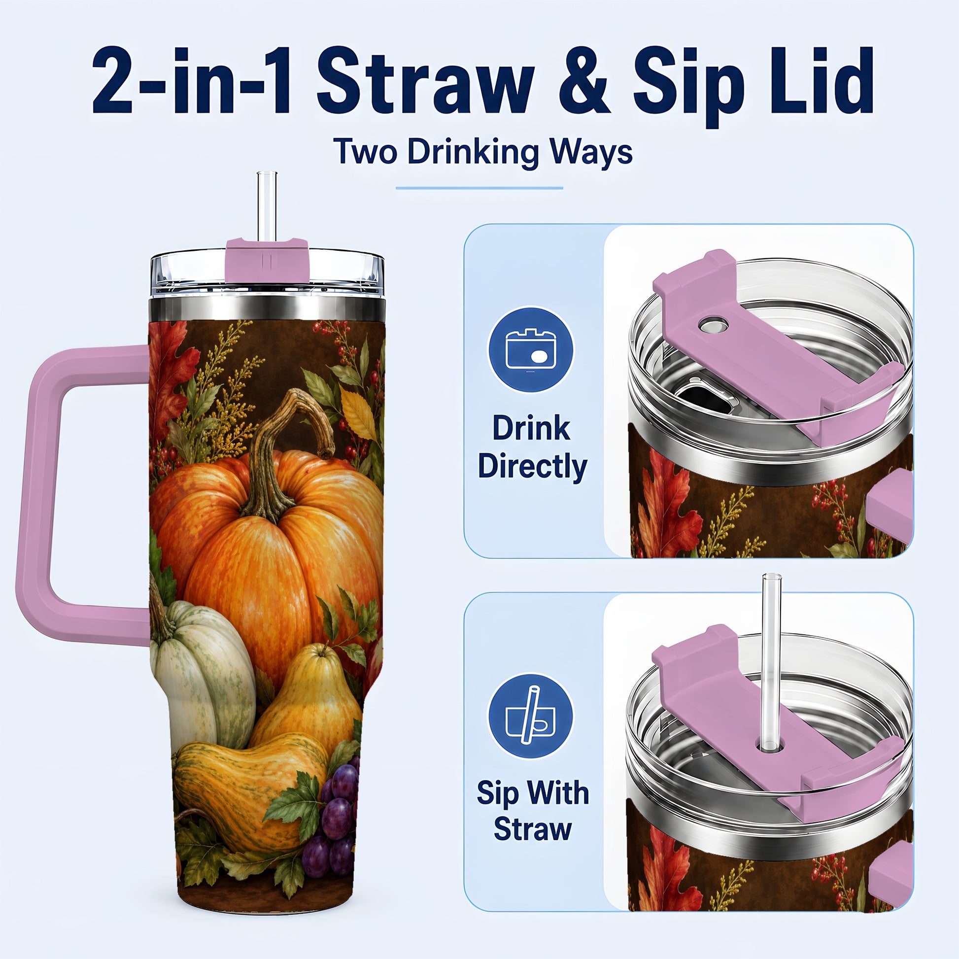#pl[40oz|Pink] Rustic Harvest 40oz Tumbler with Handle, Pumpkin Stainless Steel Travel Cup