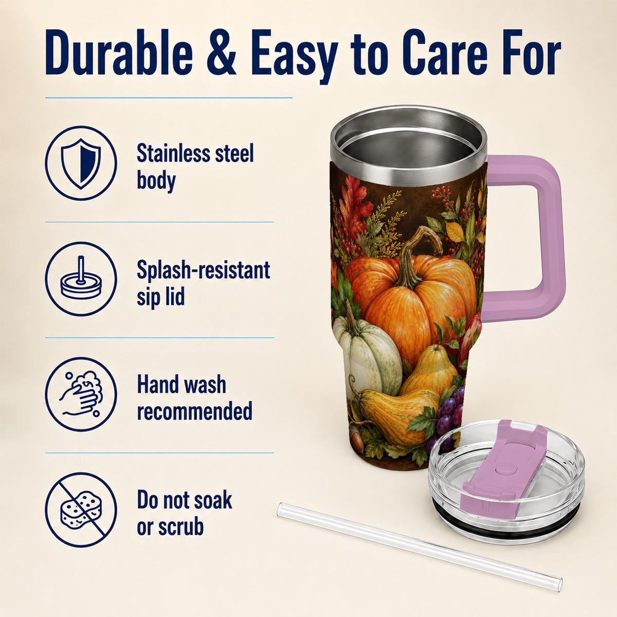 #pl[40oz|Pink] Rustic Harvest 40oz Tumbler with Handle, Pumpkin Stainless Steel Travel Cup