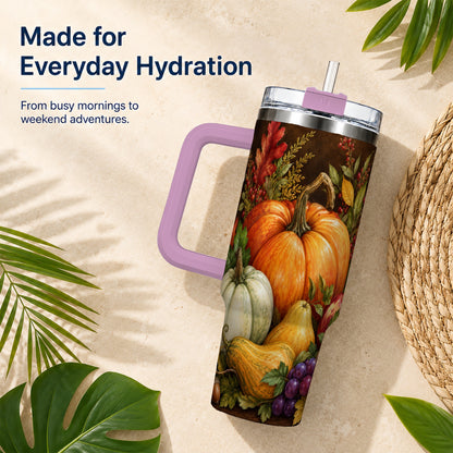 #pl[40oz|Pink] Rustic Harvest 40oz Tumbler with Handle, Pumpkin Stainless Steel Travel Cup