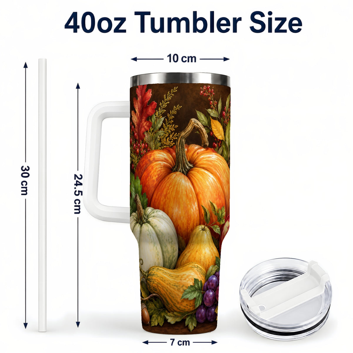 #pl[40oz|White] Rustic Harvest 40oz Tumbler with Handle, Pumpkin Stainless Steel Travel Cup