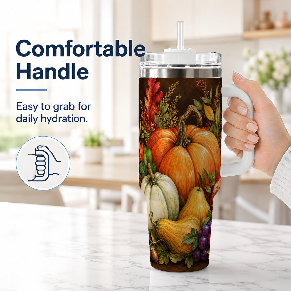 #pl[40oz|White] Rustic Harvest 40oz Tumbler with Handle, Pumpkin Stainless Steel Travel Cup