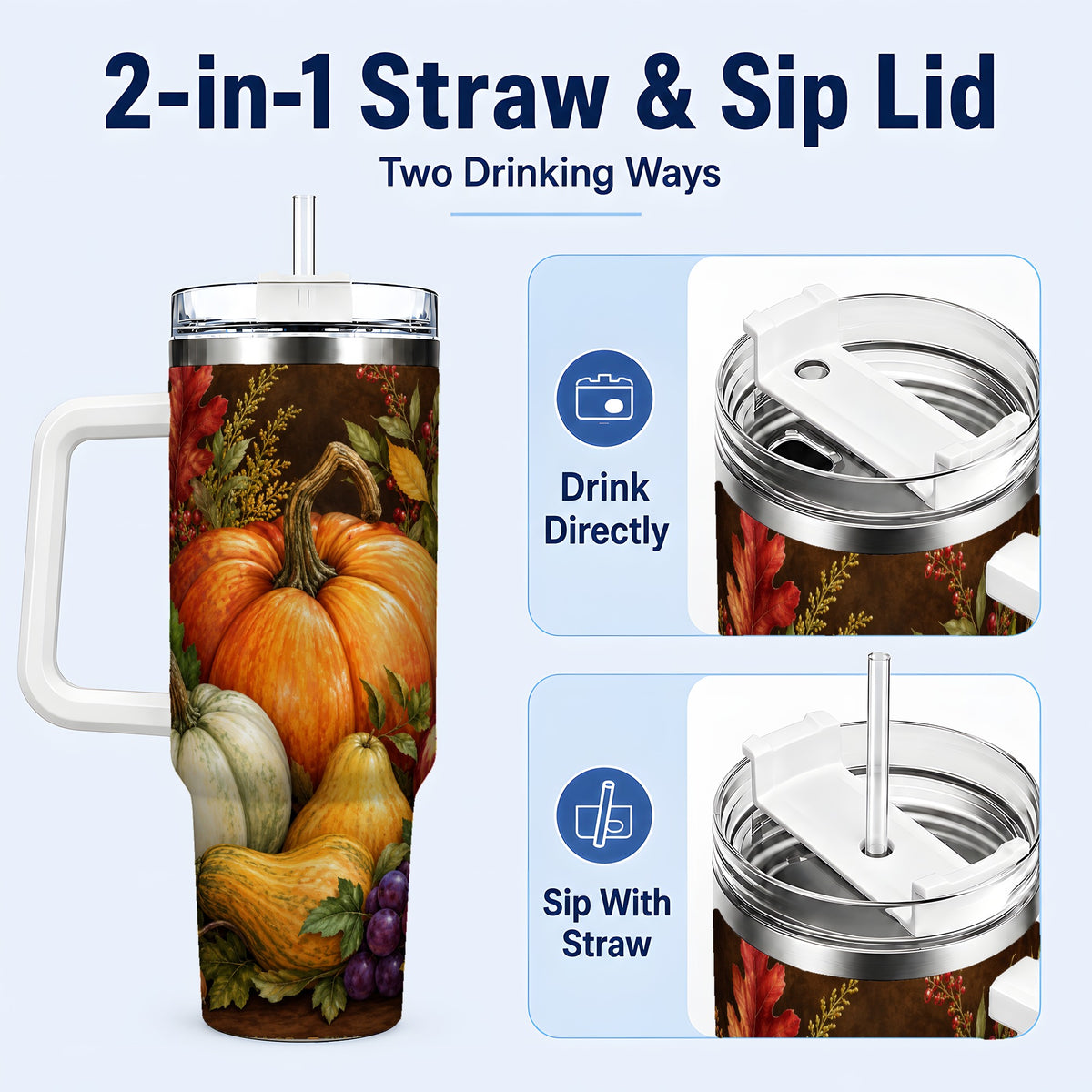 #pl[40oz|White] Rustic Harvest 40oz Tumbler with Handle, Pumpkin Stainless Steel Travel Cup