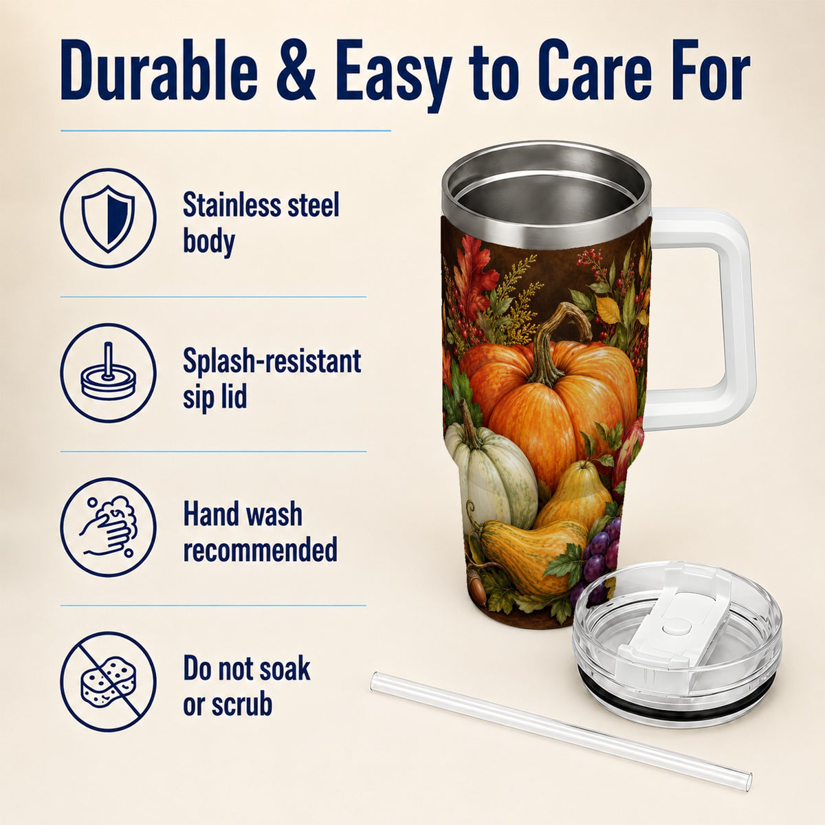 #pl[40oz|White] Rustic Harvest 40oz Tumbler with Handle, Pumpkin Stainless Steel Travel Cup