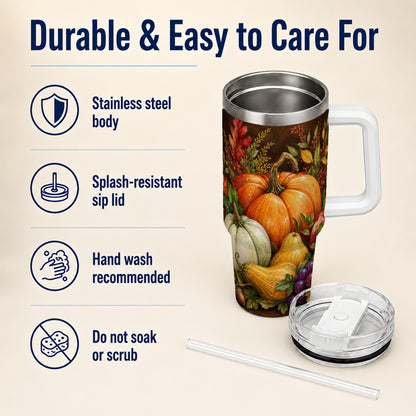 #pl[40oz|White] Rustic Harvest 40oz Tumbler with Handle, Pumpkin Stainless Steel Travel Cup