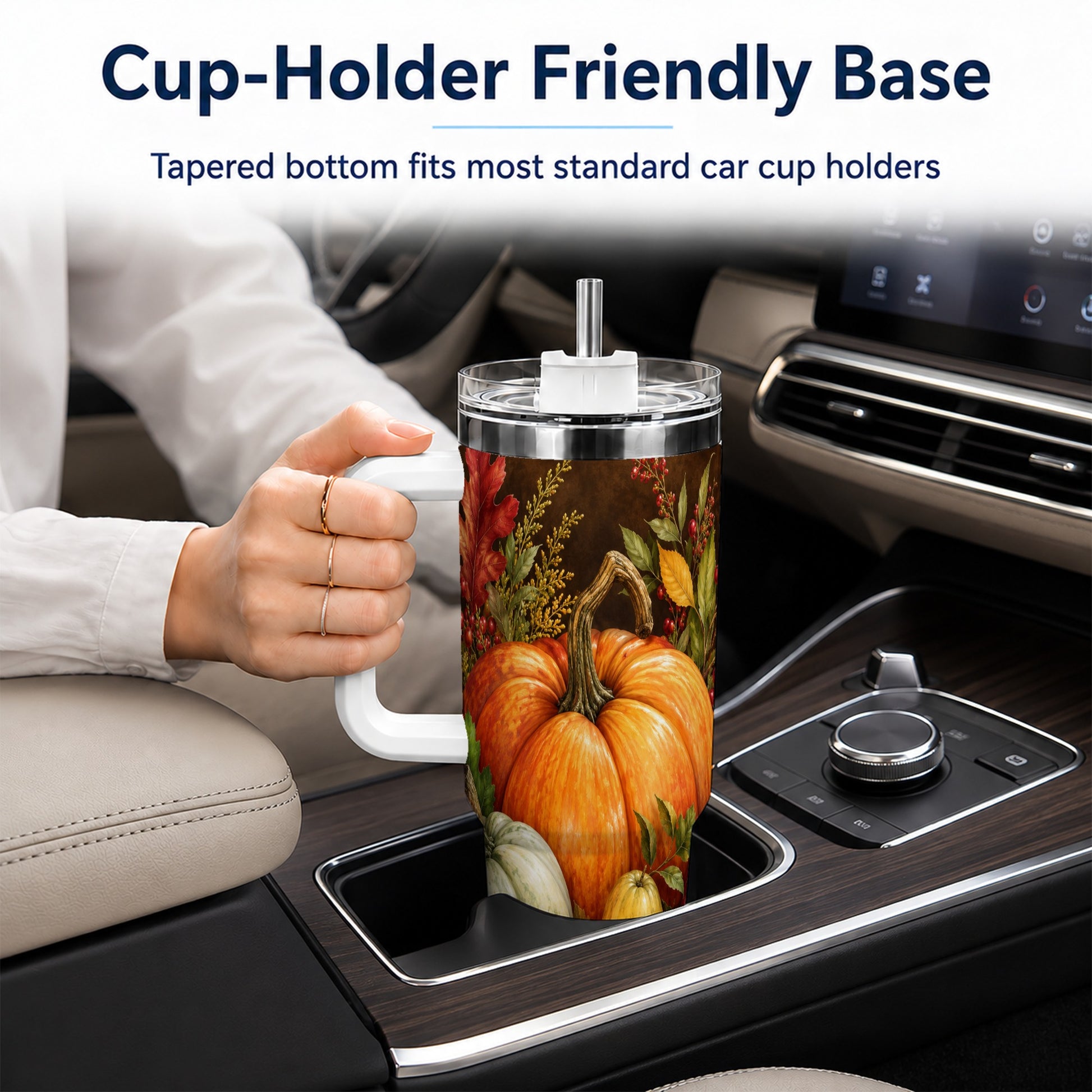 #pl[40oz|White] Rustic Harvest 40oz Tumbler with Handle, Pumpkin Stainless Steel Travel Cup