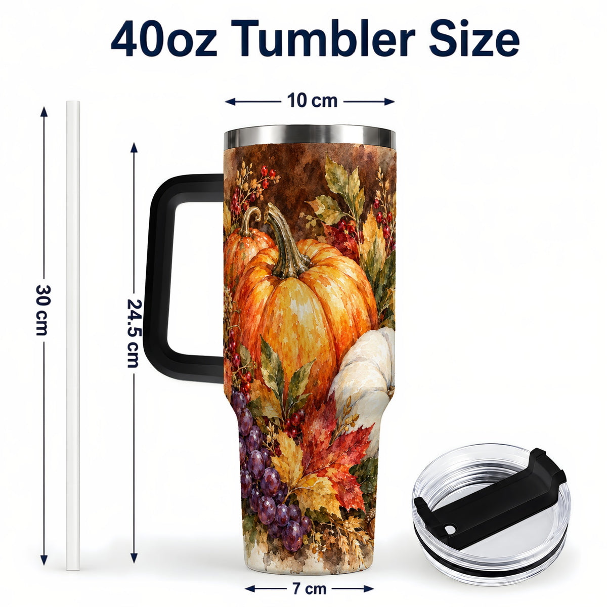 #pl[40oz|Black] Watercolor 40oz Tumbler with Handle, Pumpkin Stainless Steel Travel Cup