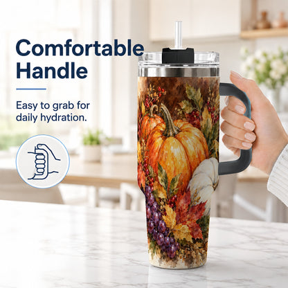 #pl[40oz|Black] Watercolor 40oz Tumbler with Handle, Pumpkin Stainless Steel Travel Cup