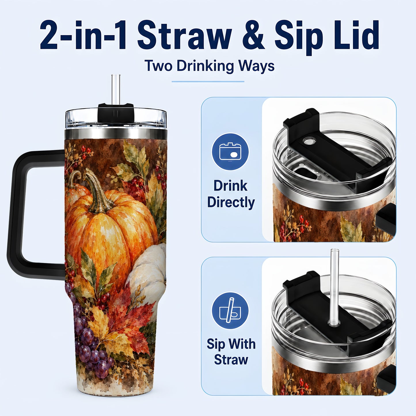 #pl[40oz|Black] Watercolor 40oz Tumbler with Handle, Pumpkin Stainless Steel Travel Cup