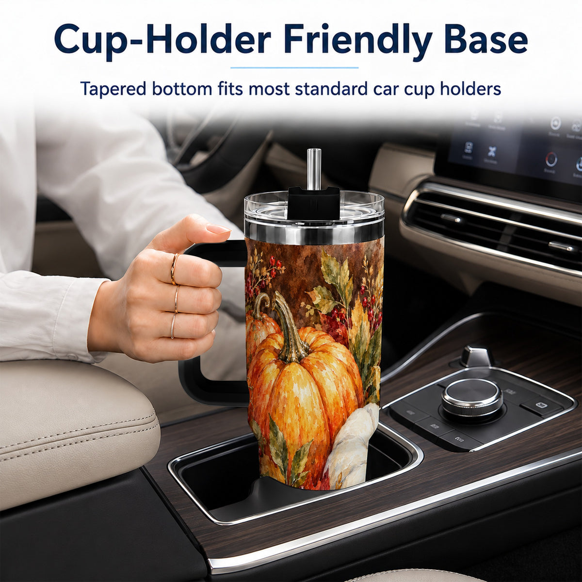 #pl[40oz|Black] Watercolor 40oz Tumbler with Handle, Pumpkin Stainless Steel Travel Cup