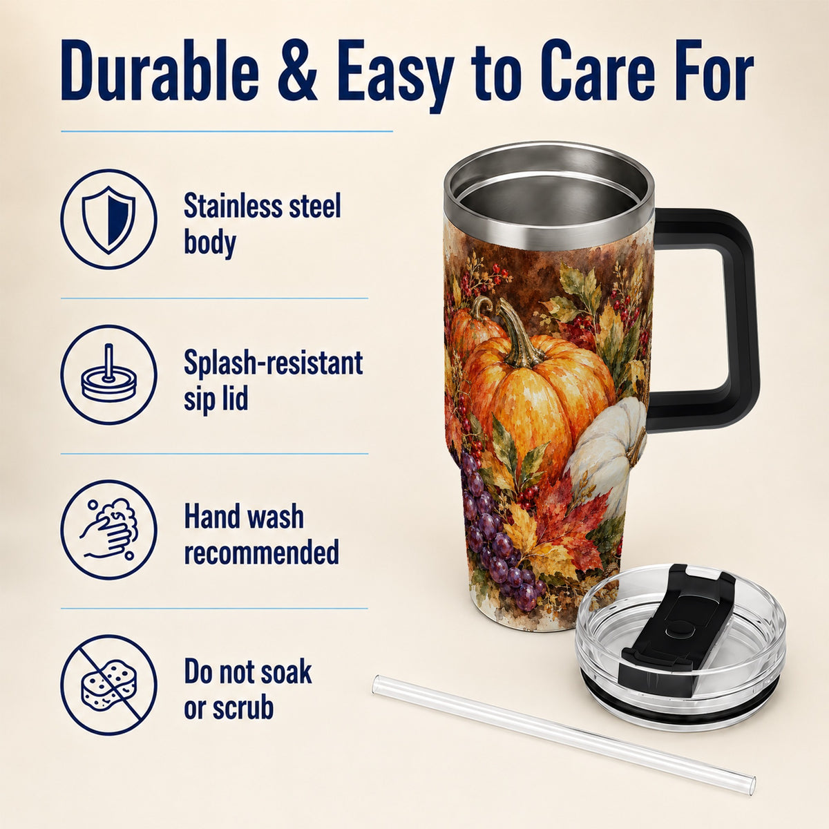 #pl[40oz|Black] Watercolor 40oz Tumbler with Handle, Pumpkin Stainless Steel Travel Cup