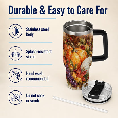 #pl[40oz|Black] Watercolor 40oz Tumbler with Handle, Pumpkin Stainless Steel Travel Cup
