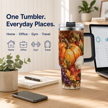 #pl[40oz|Black] Watercolor 40oz Tumbler with Handle, Pumpkin Stainless Steel Travel Cup