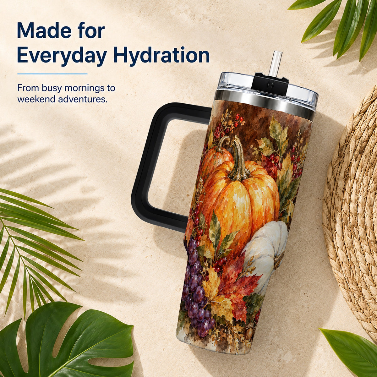 #pl[40oz|Black] Watercolor 40oz Tumbler with Handle, Pumpkin Stainless Steel Travel Cup