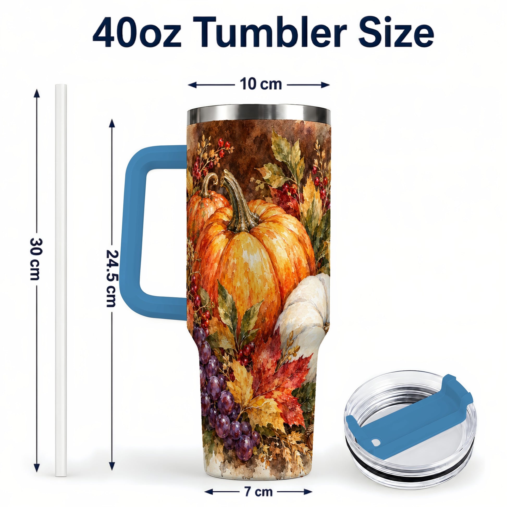 #pl[40oz|Blue] Watercolor 40oz Tumbler with Handle, Pumpkin Stainless Steel Travel Cup
