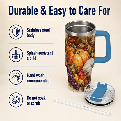 #pl[40oz|Blue] Watercolor 40oz Tumbler with Handle, Pumpkin Stainless Steel Travel Cup