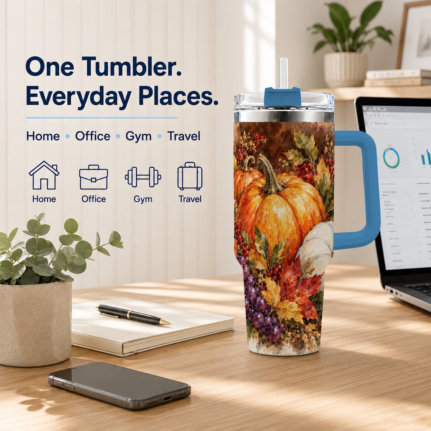 #pl[40oz|Blue] Watercolor 40oz Tumbler with Handle, Pumpkin Stainless Steel Travel Cup