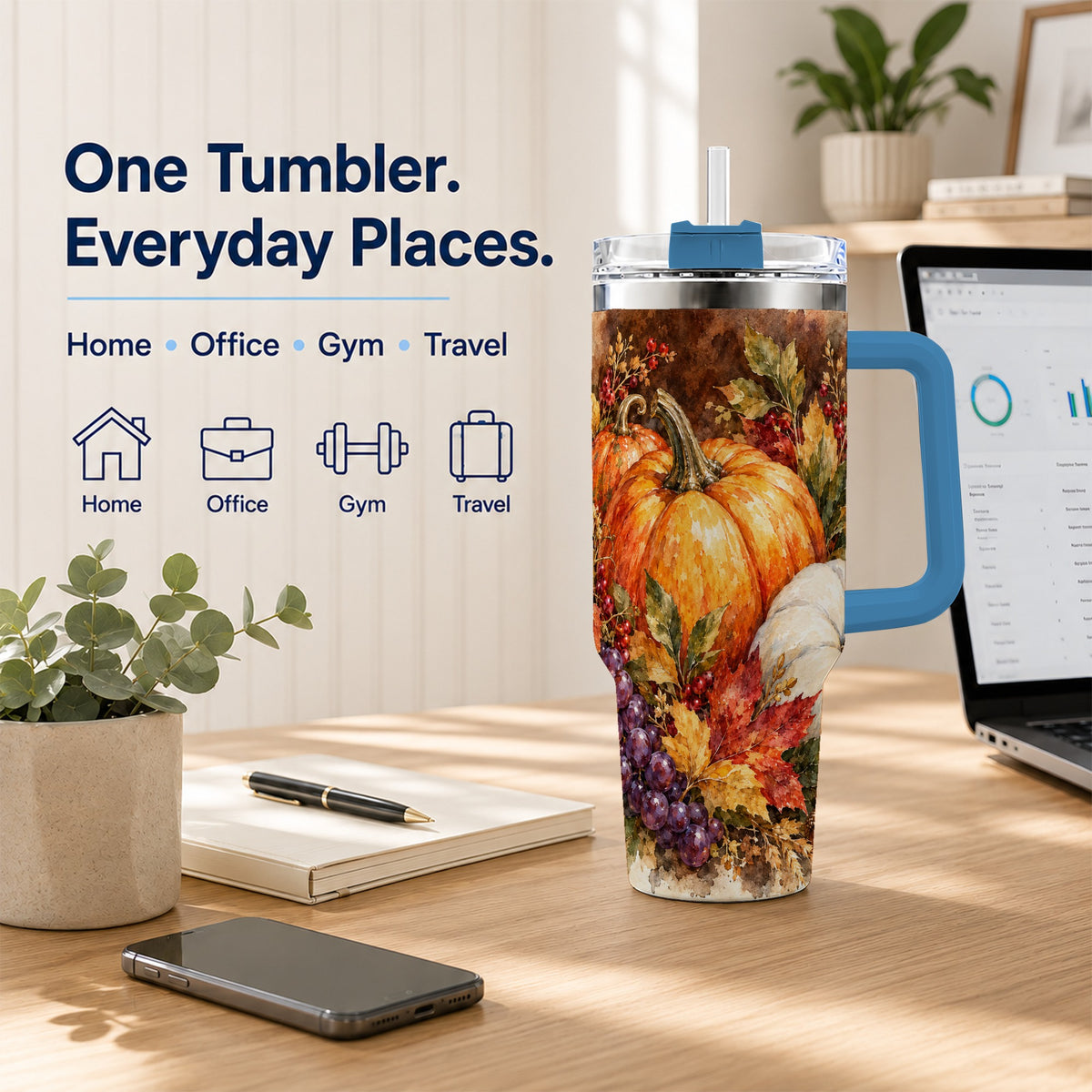 #pl[40oz|Blue] Watercolor 40oz Tumbler with Handle, Pumpkin Stainless Steel Travel Cup