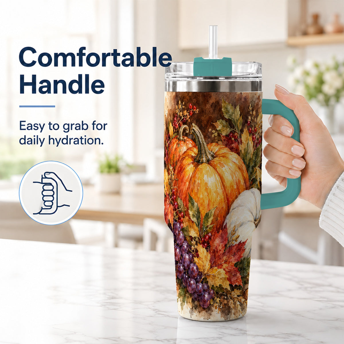 #pl[40oz|Green] Watercolor 40oz Tumbler with Handle, Pumpkin Stainless Steel Travel Cup