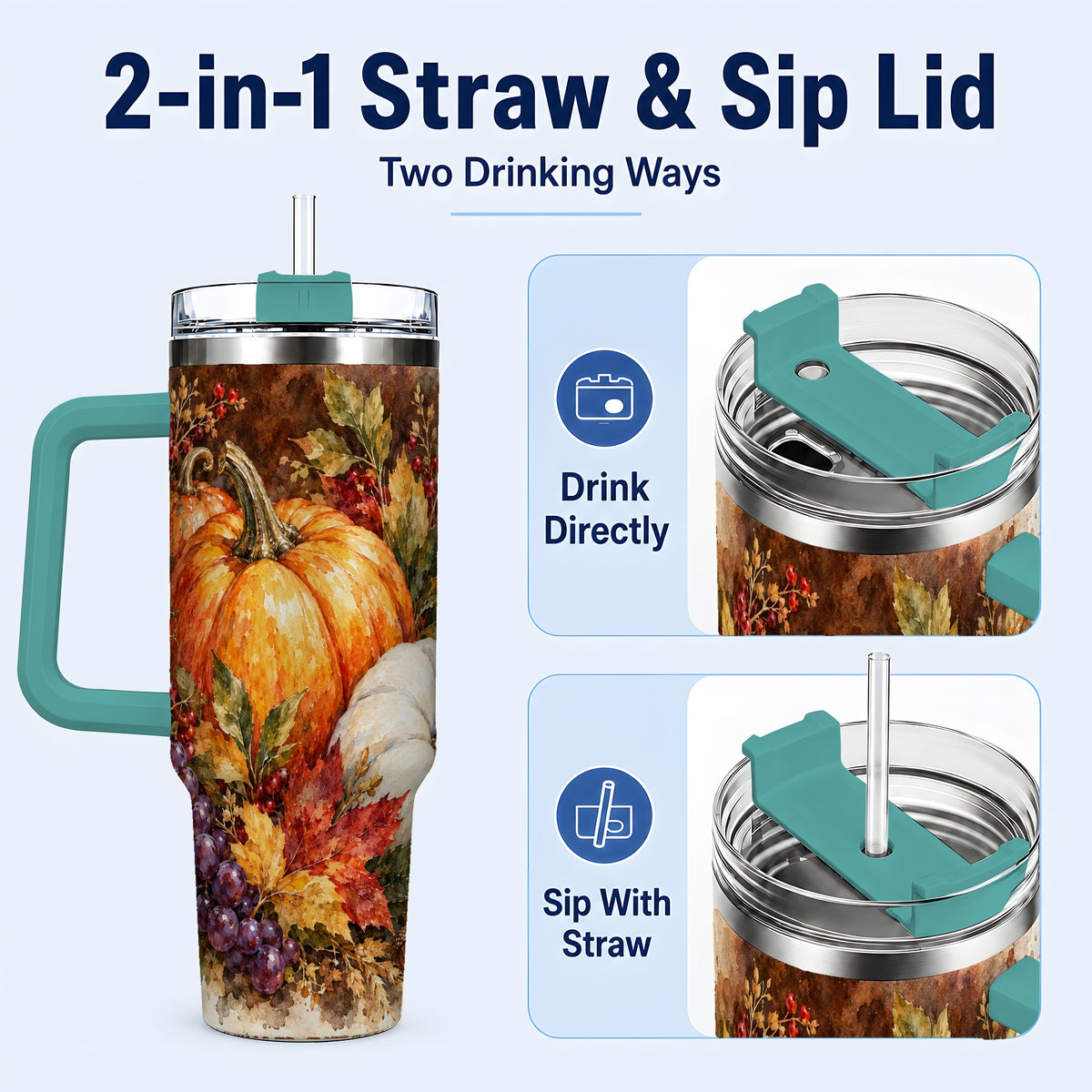 #pl[40oz|Green] Watercolor 40oz Tumbler with Handle, Pumpkin Stainless Steel Travel Cup