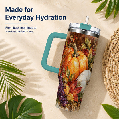 #pl[40oz|Green] Watercolor 40oz Tumbler with Handle, Pumpkin Stainless Steel Travel Cup