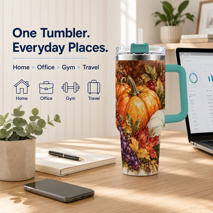 #pl[40oz|Green] Watercolor 40oz Tumbler with Handle, Pumpkin Stainless Steel Travel Cup