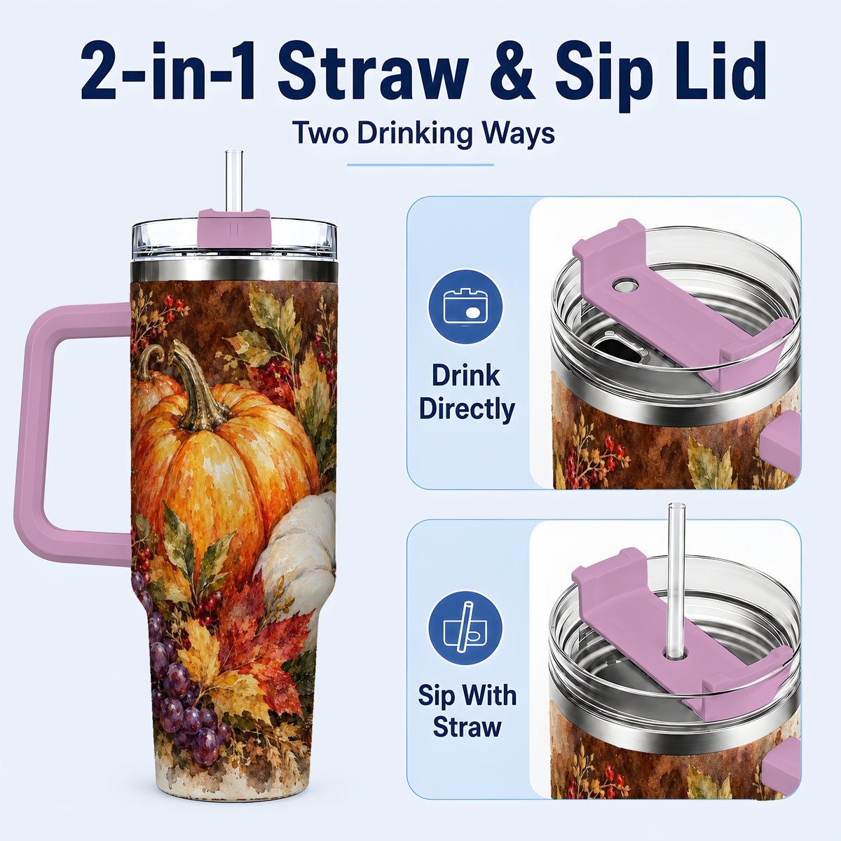 #pl[40oz|Pink] Watercolor 40oz Tumbler with Handle, Pumpkin Stainless Steel Travel Cup