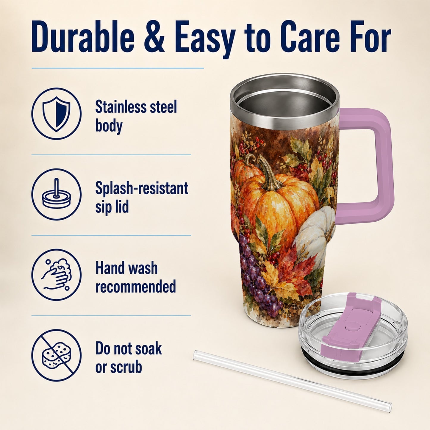 #pl[40oz|Pink] Watercolor 40oz Tumbler with Handle, Pumpkin Stainless Steel Travel Cup
