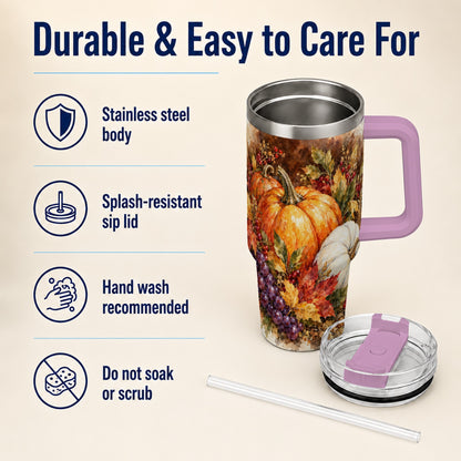 #pl[40oz|Pink] Watercolor 40oz Tumbler with Handle, Pumpkin Stainless Steel Travel Cup