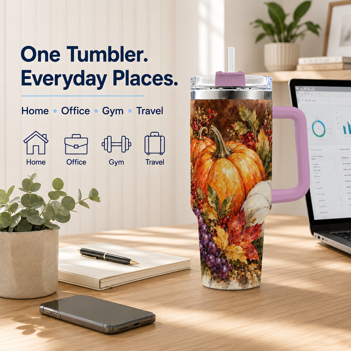 #pl[40oz|Pink] Watercolor 40oz Tumbler with Handle, Pumpkin Stainless Steel Travel Cup