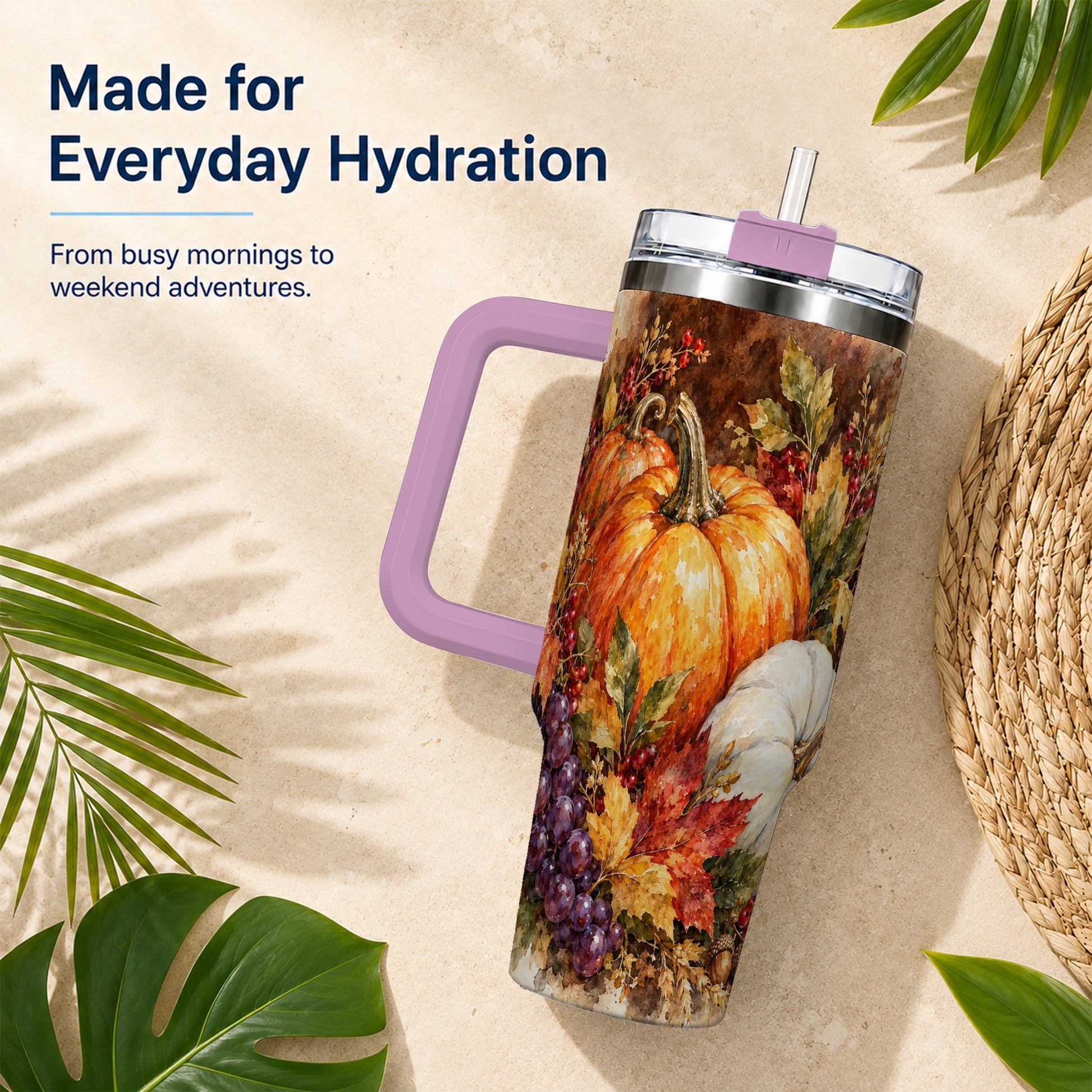 #pl[40oz|Pink] Watercolor 40oz Tumbler with Handle, Pumpkin Stainless Steel Travel Cup