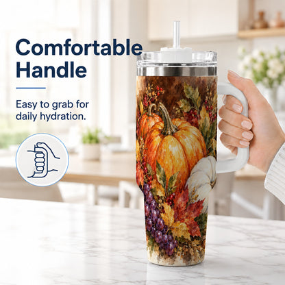 #pl[40oz|White] Watercolor 40oz Tumbler with Handle, Pumpkin Stainless Steel Travel Cup