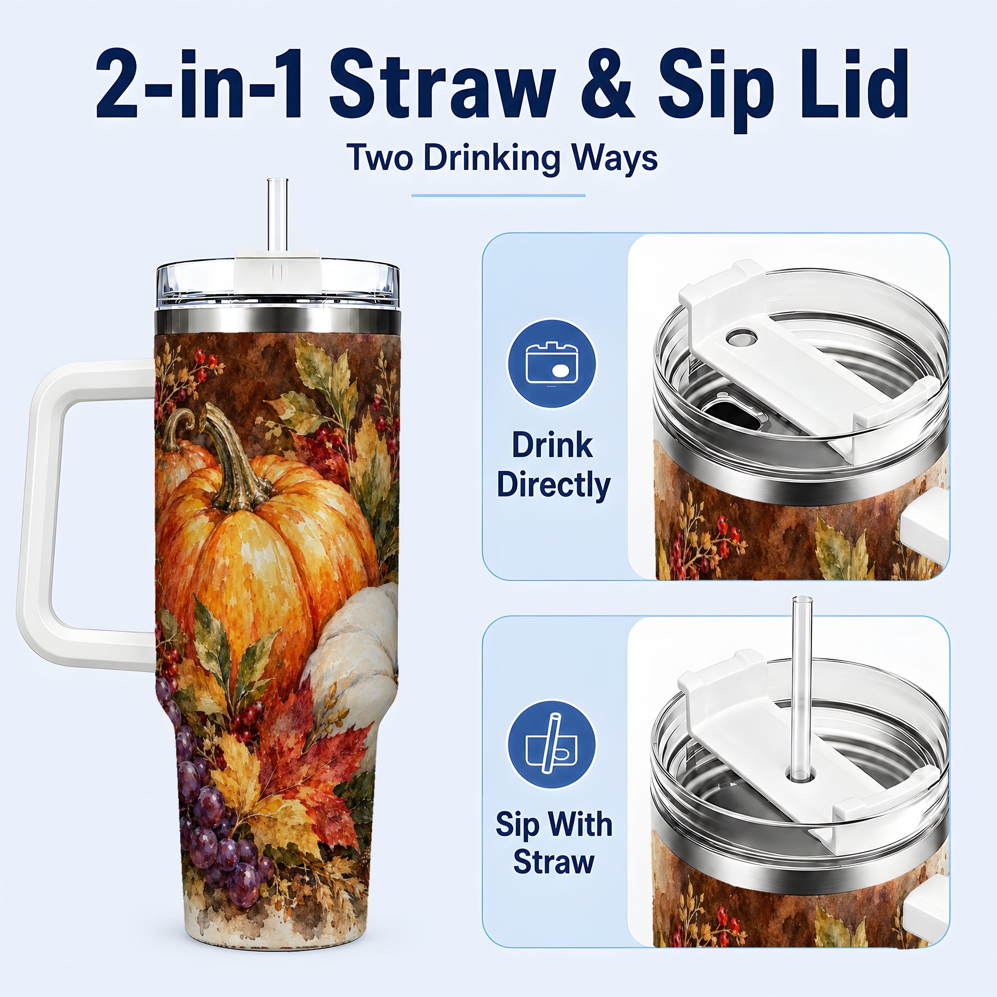 #pl[40oz|White] Watercolor 40oz Tumbler with Handle, Pumpkin Stainless Steel Travel Cup