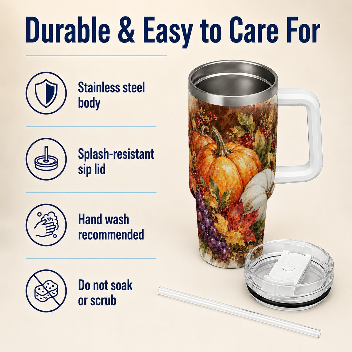 #pl[40oz|White] Watercolor 40oz Tumbler with Handle, Pumpkin Stainless Steel Travel Cup